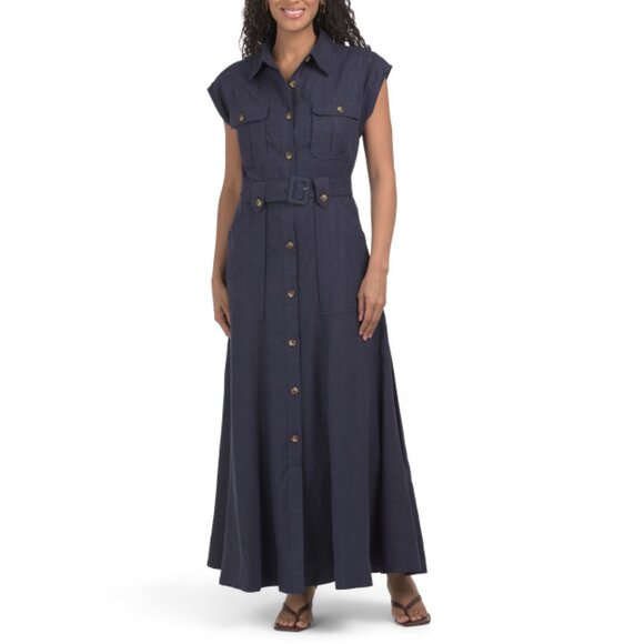 NICHOLAS Navy Linen Blend Elisabeth Sleeveless Safari Midi Dress